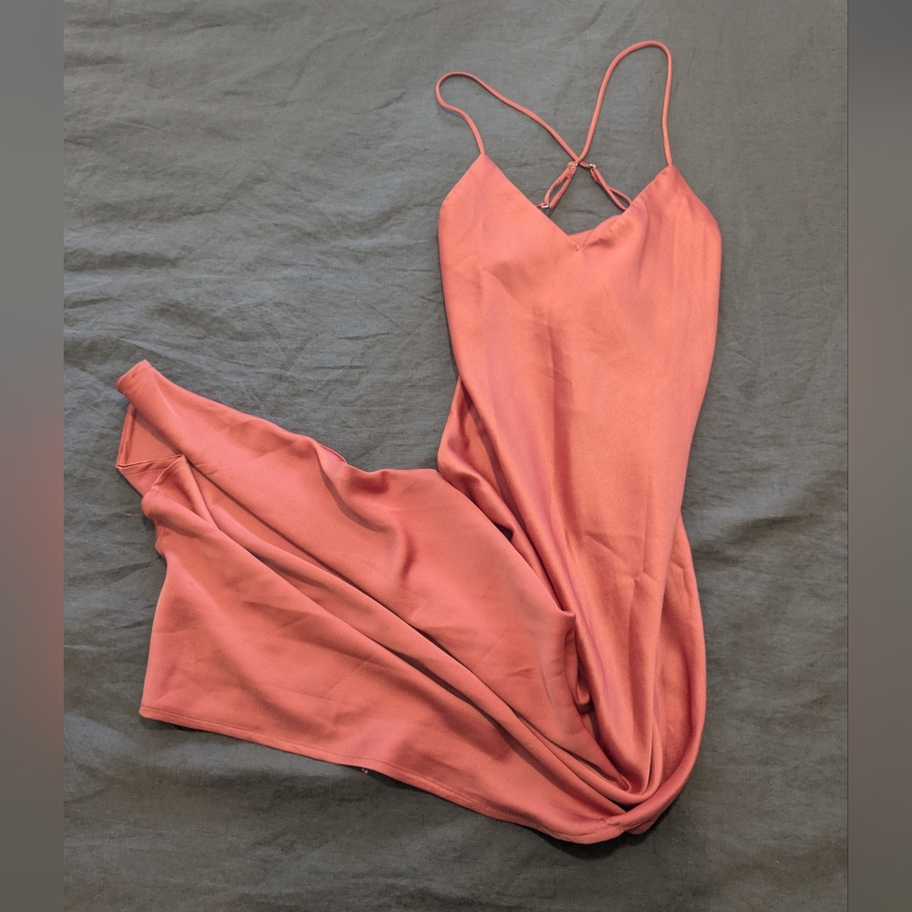 Coral Satin Sheath Dress With Slit And Cowl Back